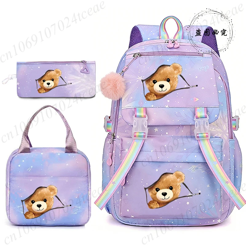 

New Fashion Girls Backpack Large Capacity Rucksack Zipper Portable Knapsack Teenager Shoulder Bag Anime Bear Student Schoolbag