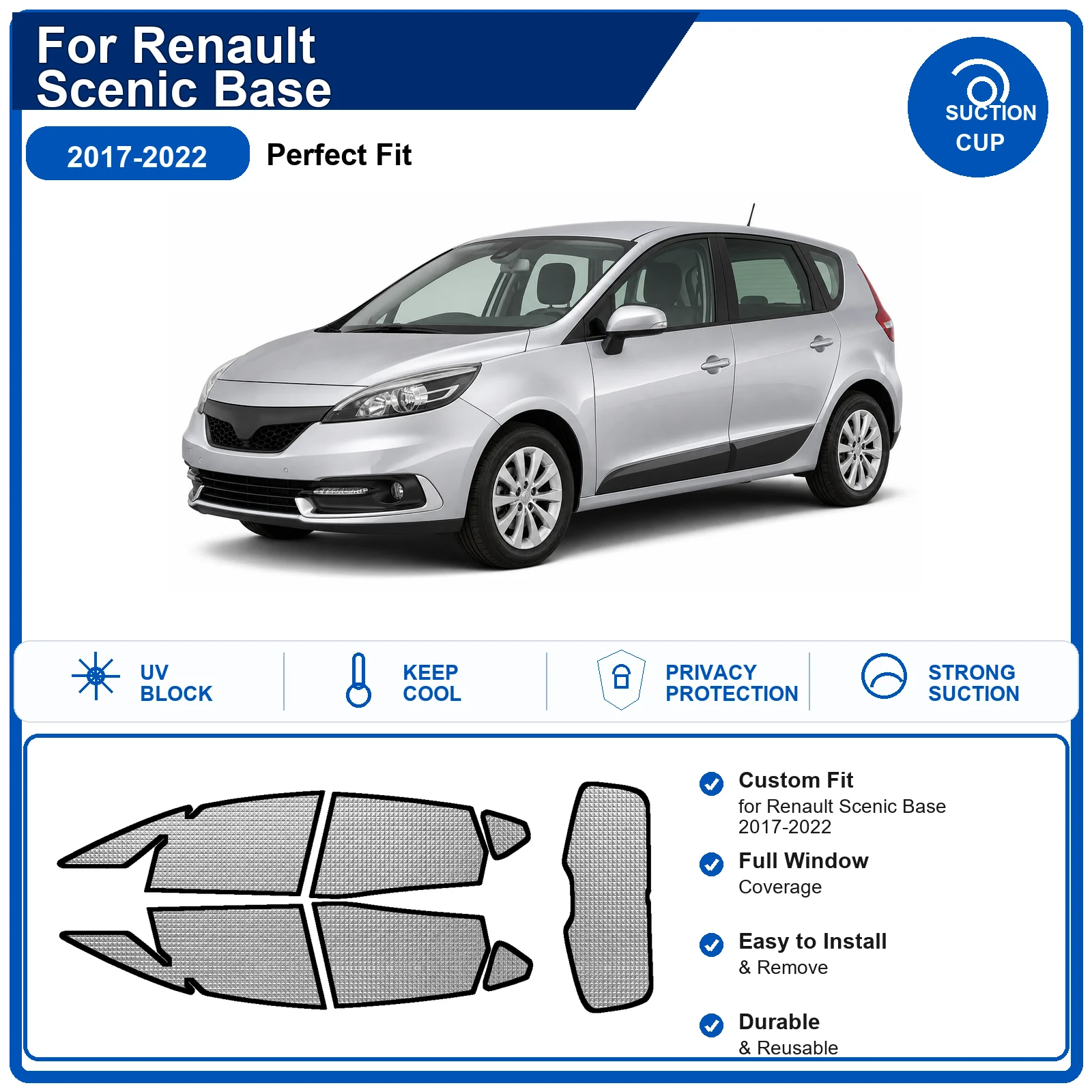 For Renault Scenic Base 2017-2022 Custom Full Set Windshield Sun Shade Aluminum Foil Heat Insulation Anti UV Foldable