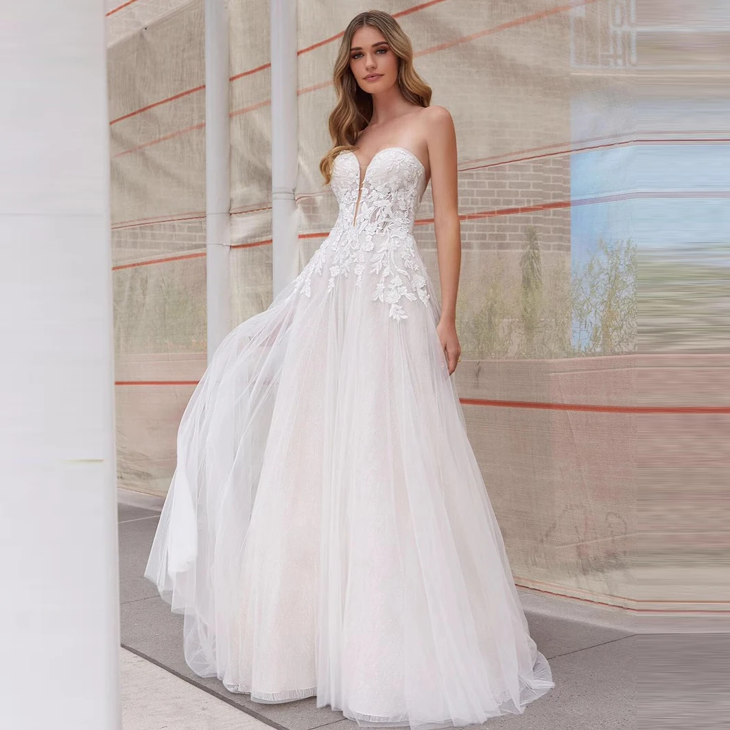 Elegante Lace A-Line Appliqued vestidos de casamento, querida Ball Gown, Strapless, Plus Size