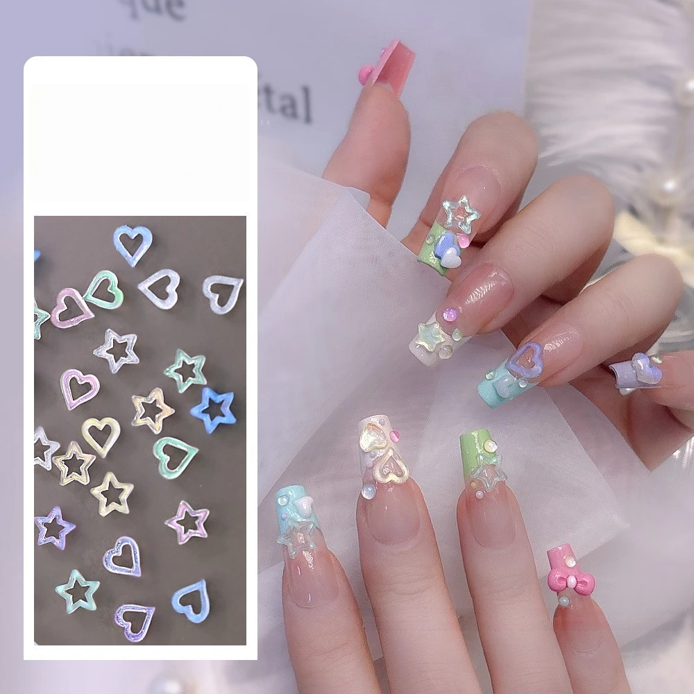 50pcs Kawaii Nail Charms Mix Transparent Resin Dopamine 3D Hollow Colored Star Heart Nail Art Accessories Nail Decoration Parts