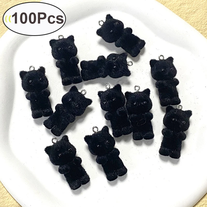 100Pcs Fluffy 3D Black Cat Resin Charms Bulk Wholesale Cute Miniature Animals Pendants for Keychain Earrings DIY Jewelry Make