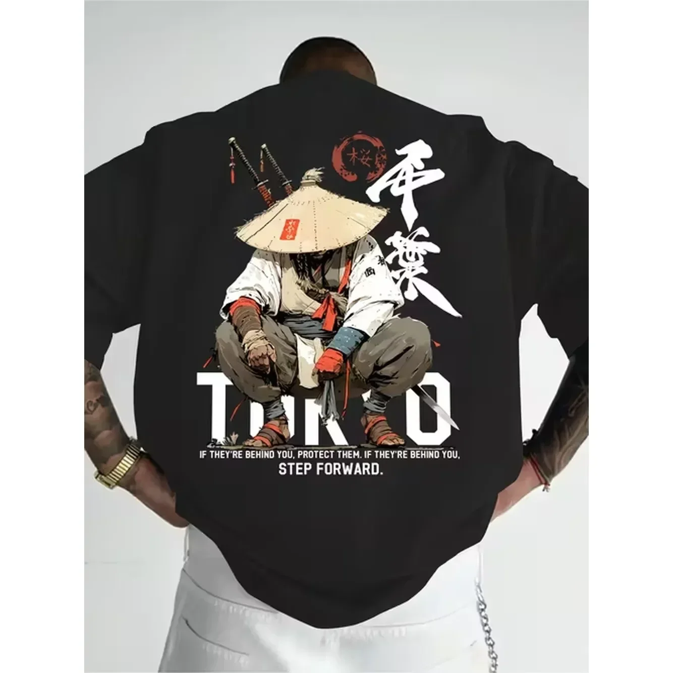 Camiseta unisex de manga corta con diseño de doble cara, espada cruzada, caracteres chinos en la parte delantera, patrón de cómic de tigre samurái en la parte trasera, estilo informal de verano con cuello redondo, 100% algodón, 180g.