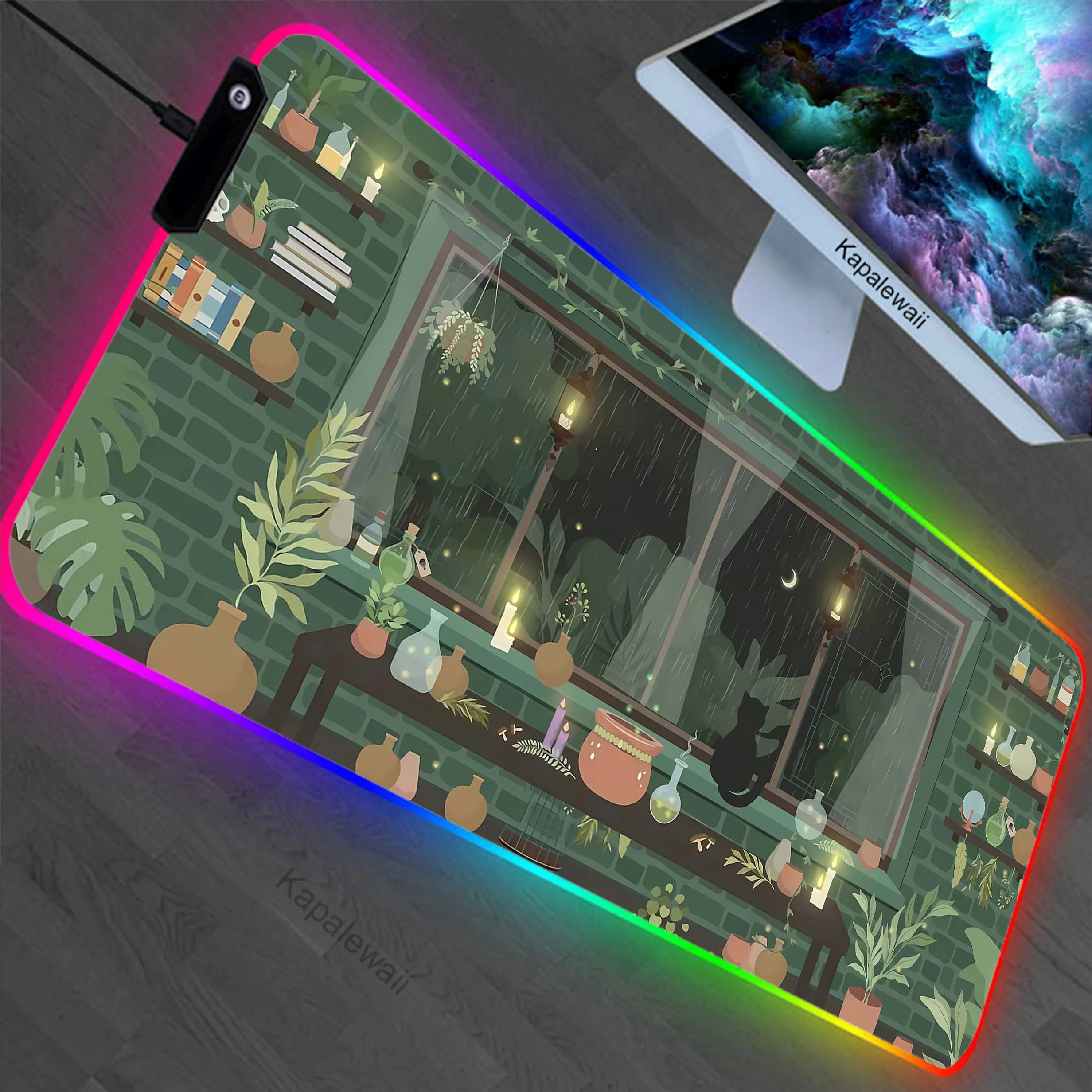 Cat Plant RGB LED Gamer Desk Mechanical Keyboard Anti-slip Mouse Pad Mice Keyboards Computer Peripherals Office 900x400 Mousepad