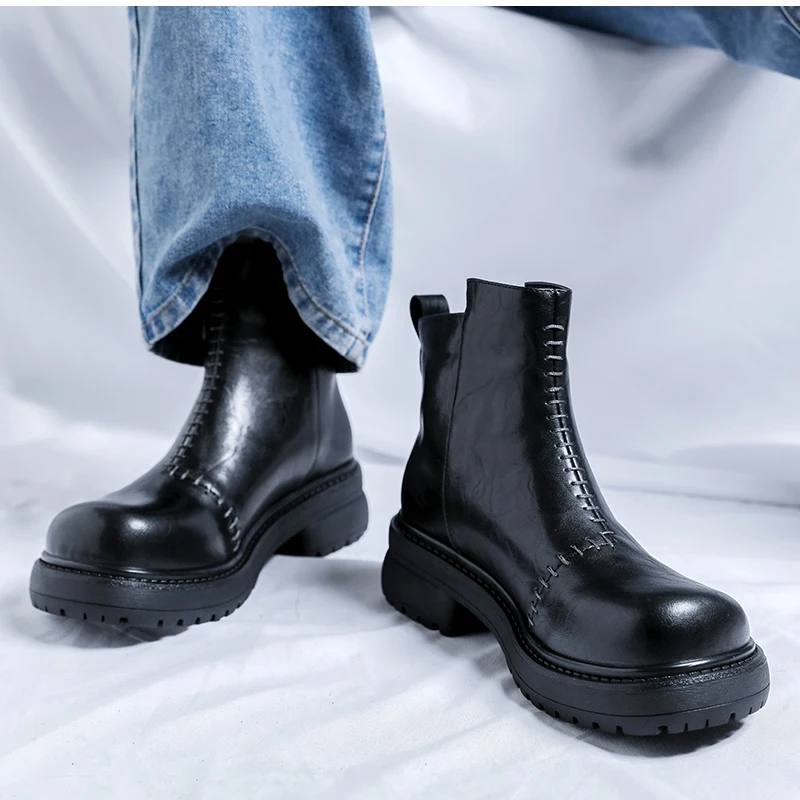 

Men's genuine leather boots Classic casual style Work and Office Business Outdoor fashion autumn winter shoes Black Thick Bottom