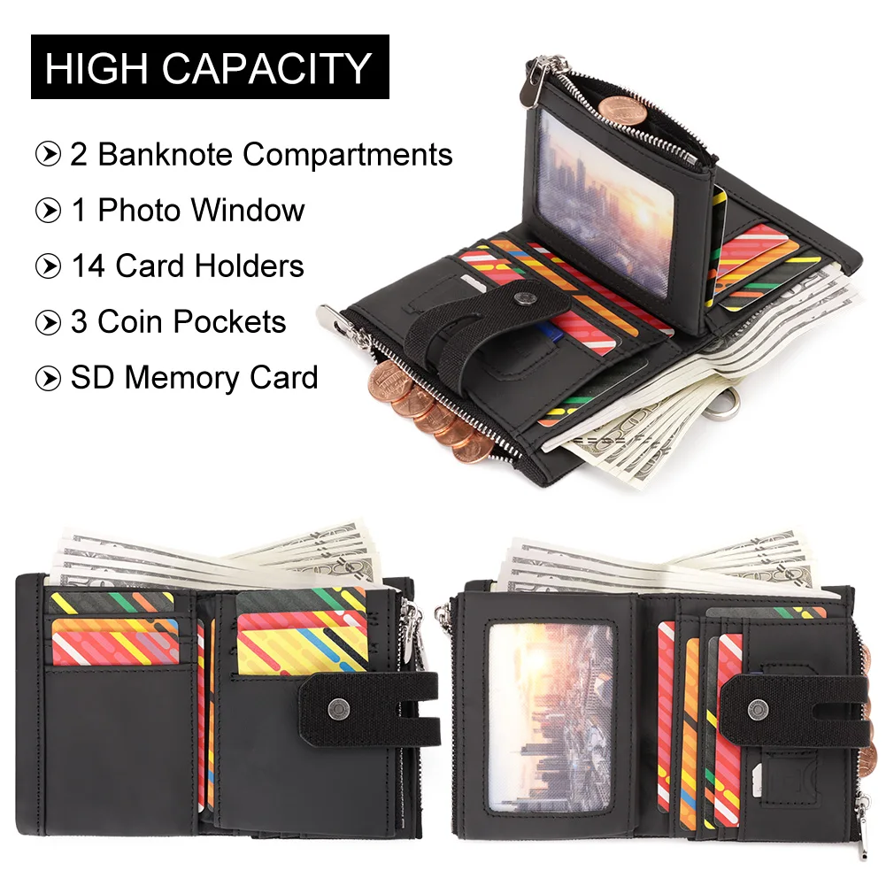 GZCZ RFID Men's Wallet Credit Cards Holder With ID Window Genuine Leather Luxury Male Double Zipper Coin Purse Money Bag