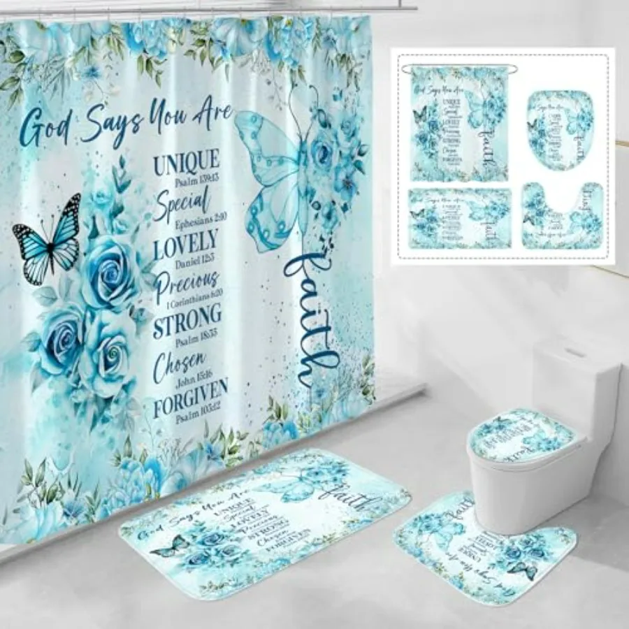 

4 Pcs Teal Butterfly Inspirational Quotes Shower Curtain Set with Rugs and Toilet Lid Cover Colorful Boho Waterproof Fabric Bat