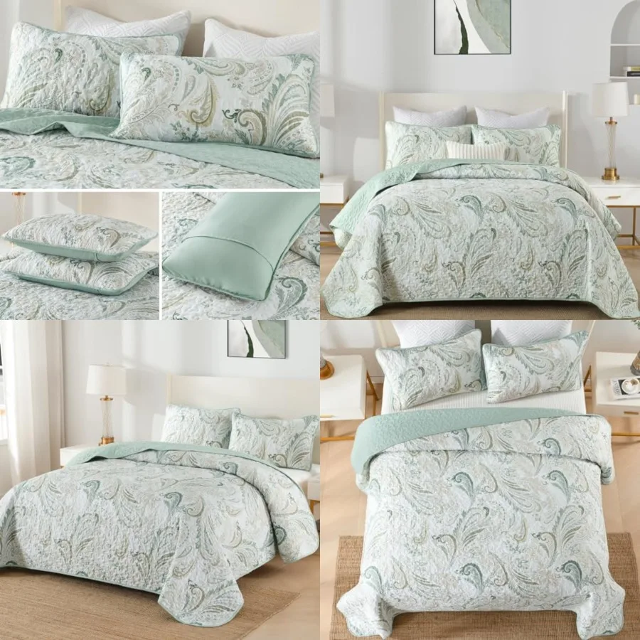 

Boho Quilt Set Queen,Sage Green Paisley Floral Pattern Bedspread Coverlet Set with 2 Pillowcases,Lightweight Microfiber Bohemian Quilt Bedding Set 96"×90"