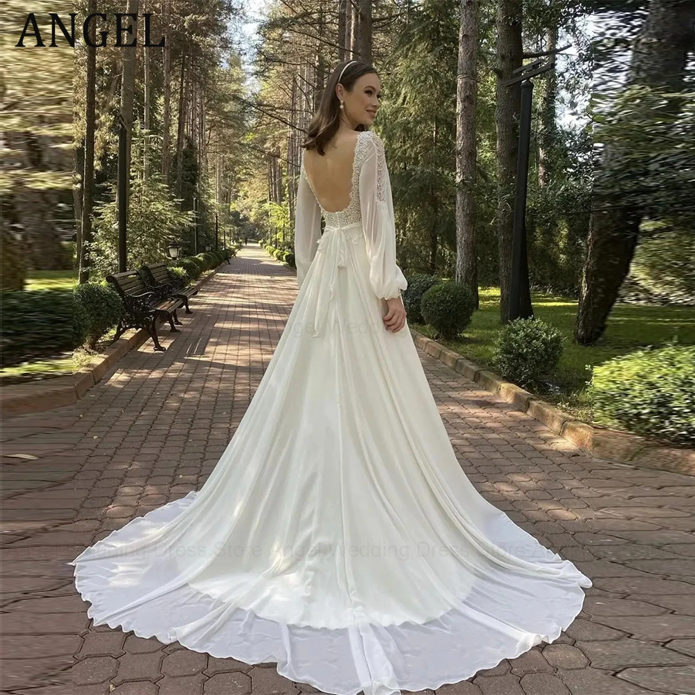 

ANGEL Boho V-Neck Chiffon Wedding Dress Plus Size Backless Long Puff Sleeves Lace Bridal Gown A-Line Plus Size Düğün elbisesi