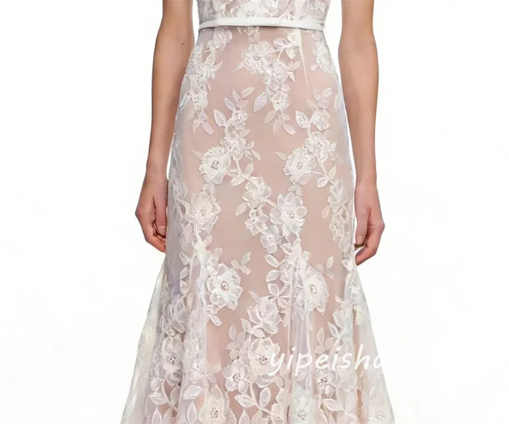Customized Fashion Casual Lace Sash Rhinestone Pleat Ruched Mermaid High Collar Tea Length Evening Dresses for Woman Formal image 6
