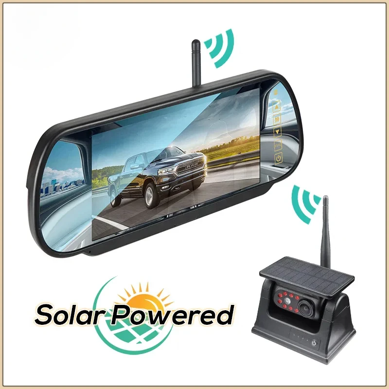 Solar Energy Mirror Monitor for Truck Bus RVs SUV with Digital 7 Inch IPS Screen DVR Recording & Wireless Rear Backup Camera