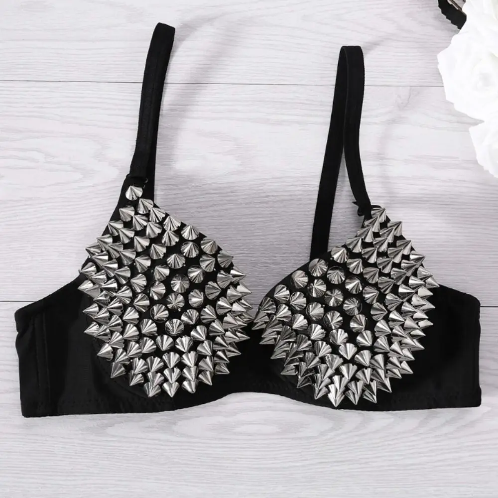 ファッションシルバーリベット女性のブラジャートップセクシーなプッシュアップ絶賛 Bralette ランジェリーパンクゴシックブラジャーナイトクラブパーティーバー
