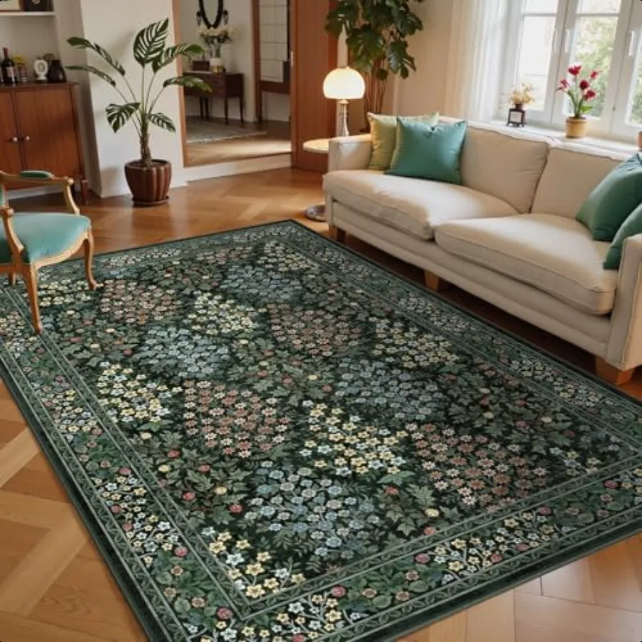 

5x7 Area Rugs Green Floral Soft Non Slip Low Pile Washable Rug Boho Modern Rug for Living Room Bedroom Dining Room Dark Green