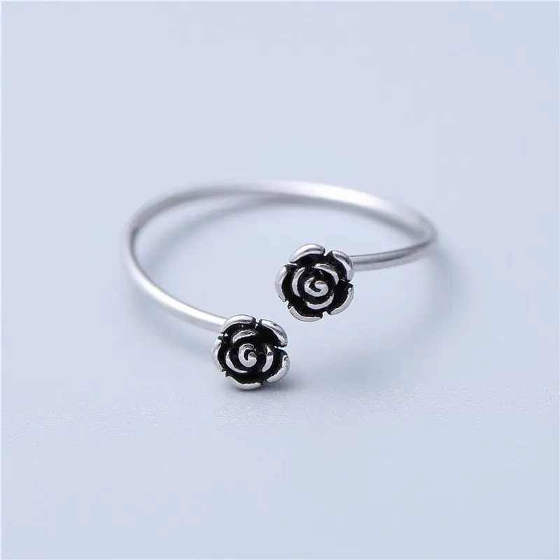925 Silver Vintage Rose Flower Ring Korean Version Fashionable Simple Gift for Girls Elegant Finger Ring for Women