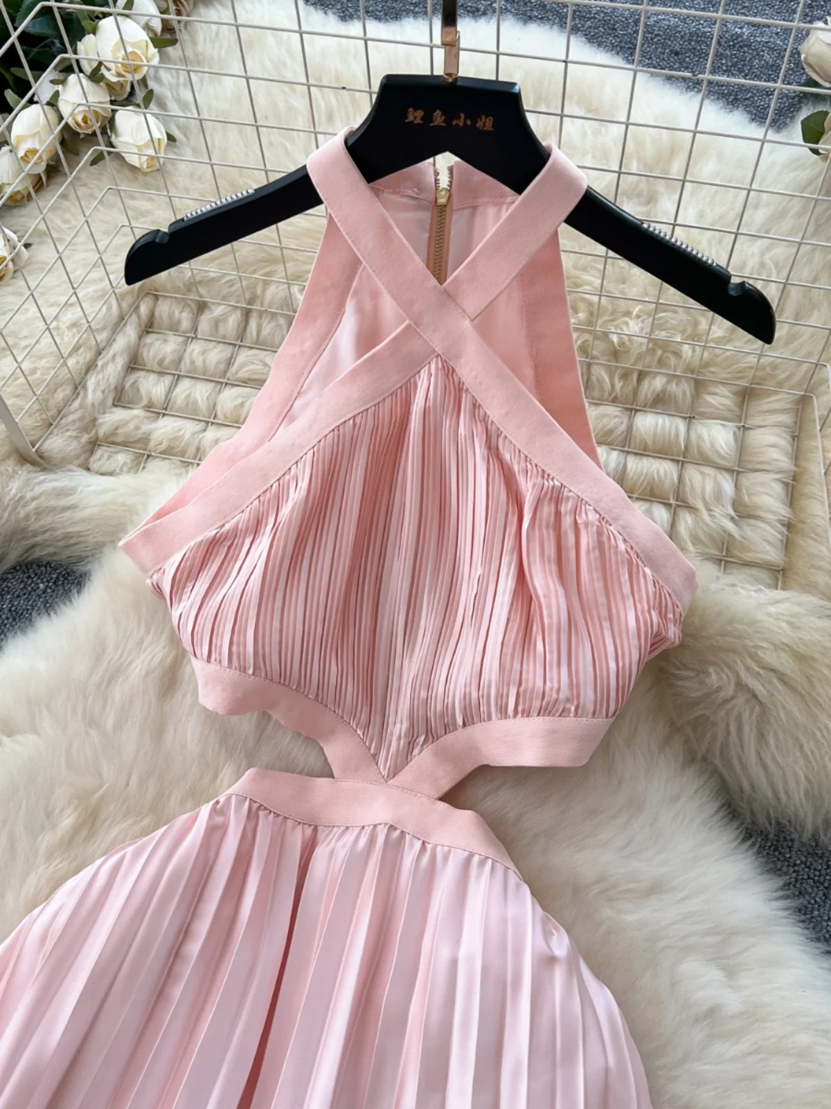 Ele Sexy Hollow out Waist Hanging Ne Svel Belted Satin Long Dr Women's Commute Korean Sle A-Line Skirt