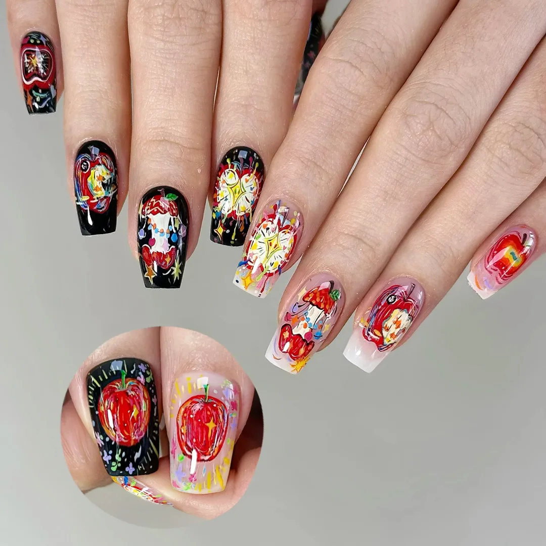 

24PCS Christmas Medium Ballet False Nails Lucky Apple Red Stripes Patterns Fake Nails with Snowman Tree Square Wearable Manicure