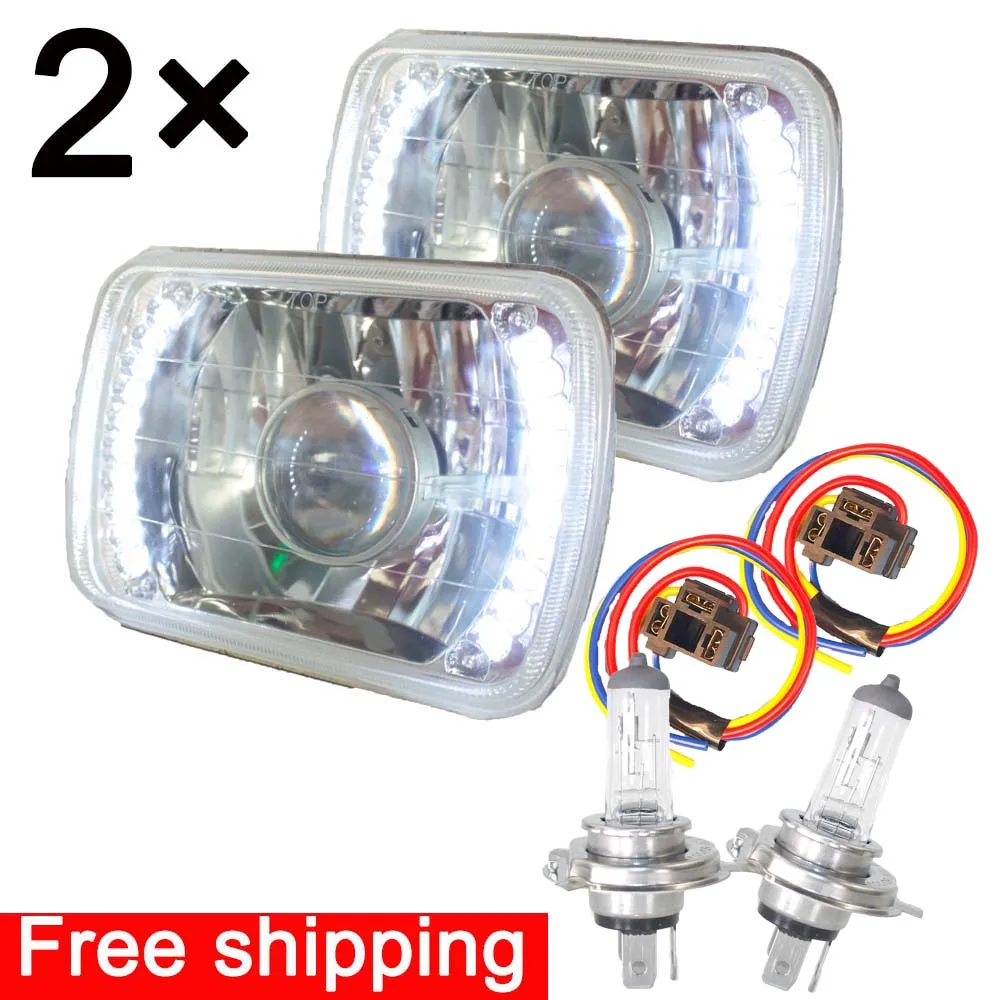 

7X6 White LED Halo Halogen Crystal Clear Headlights Angel Eye H4 Light Bulbs & Wires *2PCS