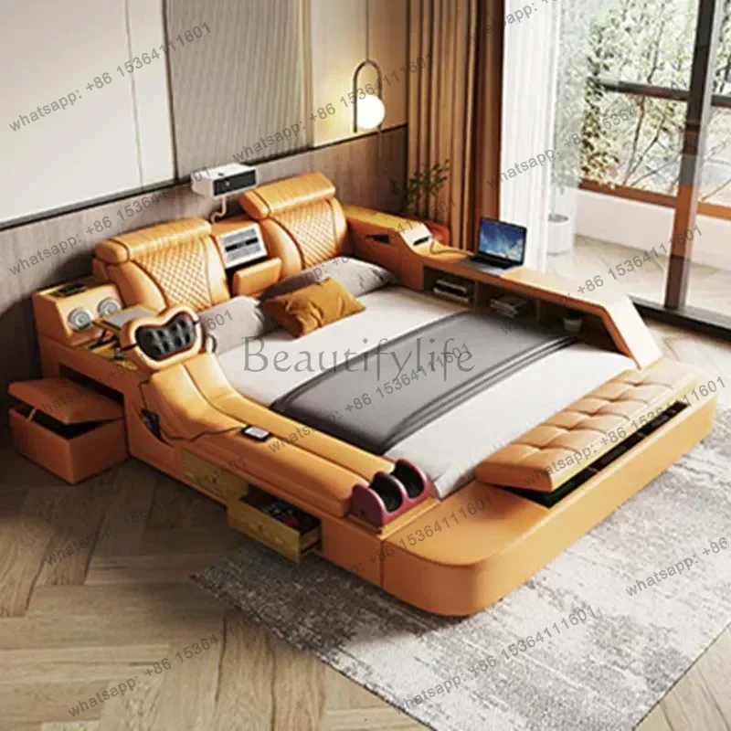 Elegant Wood Double Bed Luxury King Size Modern Massage Leather Bed Bedroom Storage Electric Lozko Wielofunkcyjne Furniture Home