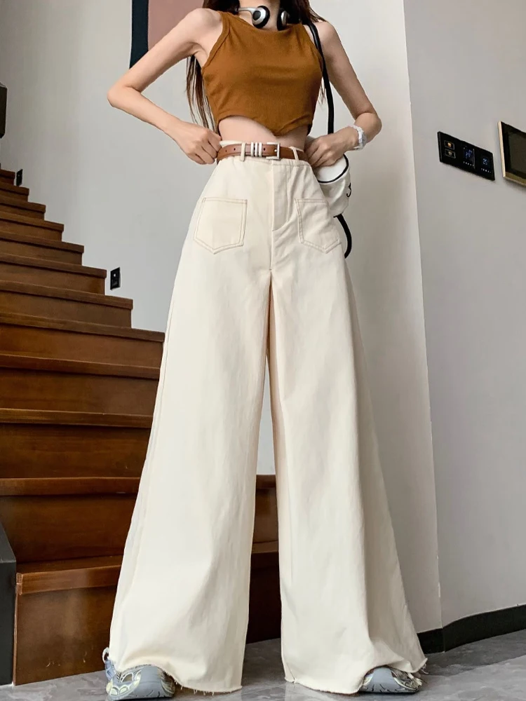 Retro solid color denim wide leg pants women loose straight leg high waisted design sense frayed edge floor length pants