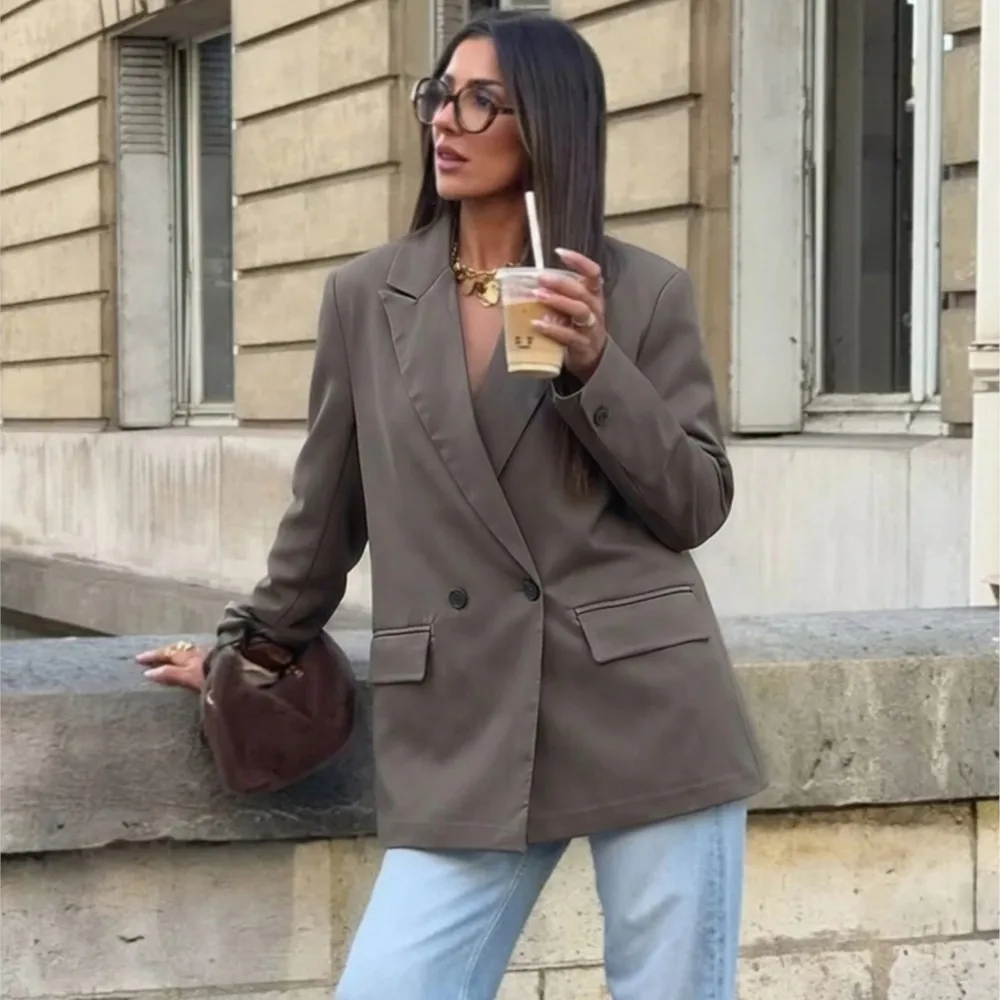 Women Solid Blazers Coat Autumn Female Double Breasted Satin Elegant Long Sleeved Jacket Lady High Street Casual Suit Jackets