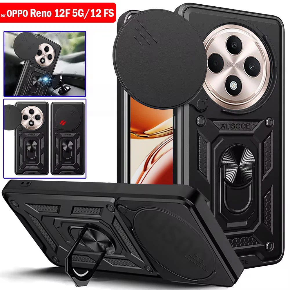 Armor Funda for OPPO Reno 12F 5G Case Slide Camera Lens Protect Ring Stand Cover for for OPPO Reno 12 FS Capa