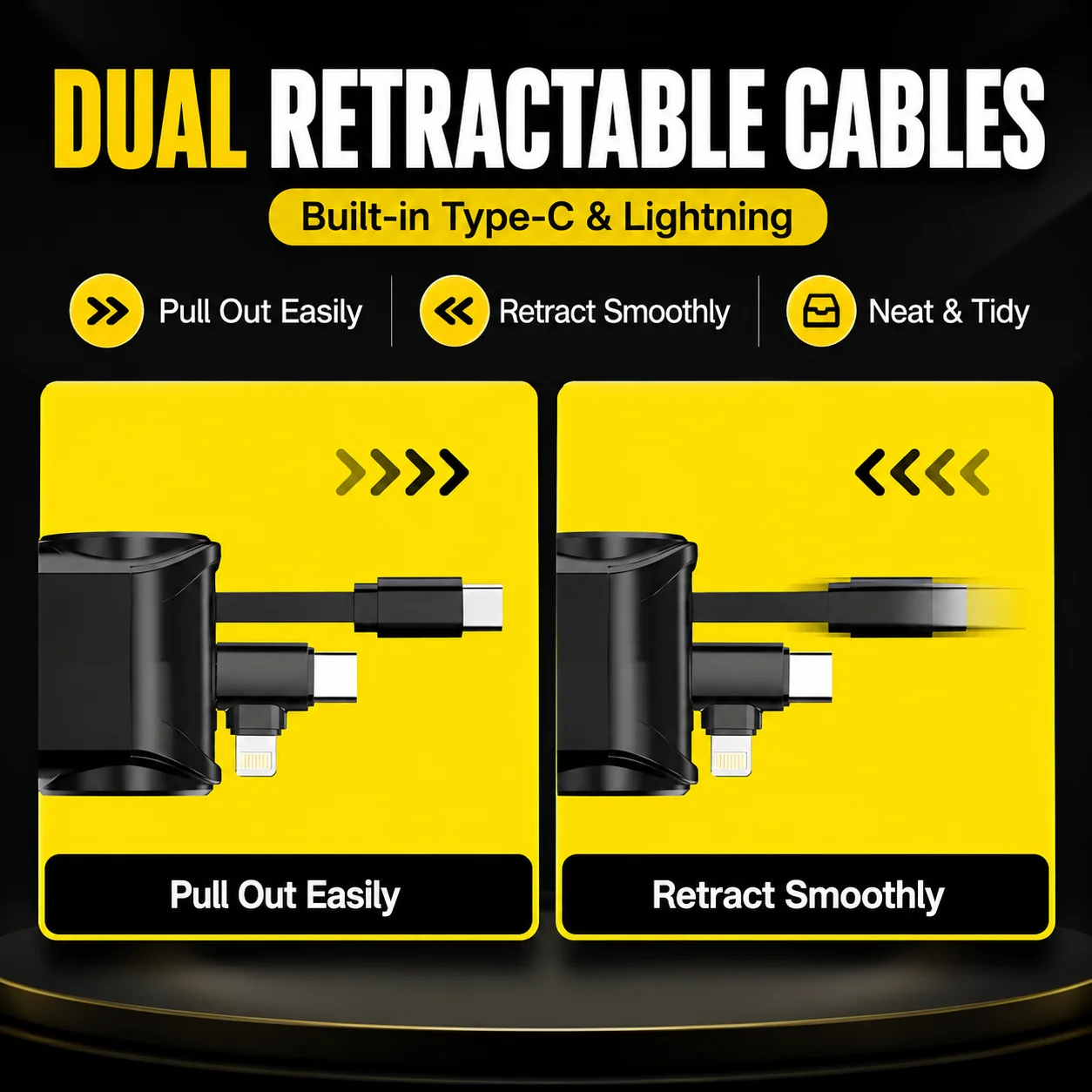 6 in 1 Retractable Car Charger Dual Type C Lightning Cables 60W Socket Expansion LED Display 180 Degree Adjustable