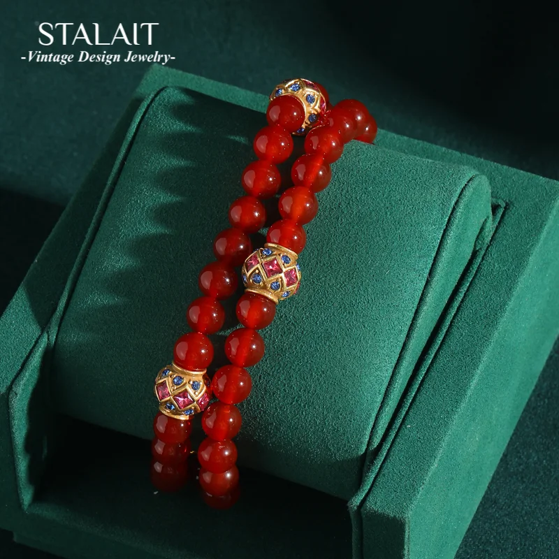 

Vintage Red Agate Glass Beaded Bracelets For Women Layered With Gold Color Crystal Ball Charm Wedding Bride Antique Jewelry 2025