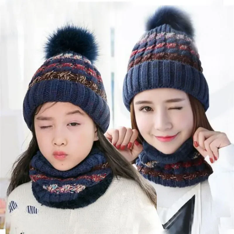 Mulheres inverno malha gorros chapéu cachecol conjunto para mulher meninas quente chapéu de pelúcia e anel cachecol feminino criança moda pom pom