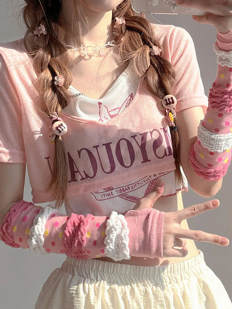 Pink Puff Sleeves Arm Cover Cute Lolita Pink Long Gloves Sweet Y2K Arm Sleeves Girls Harajuku Gothic Fingerless Mitten