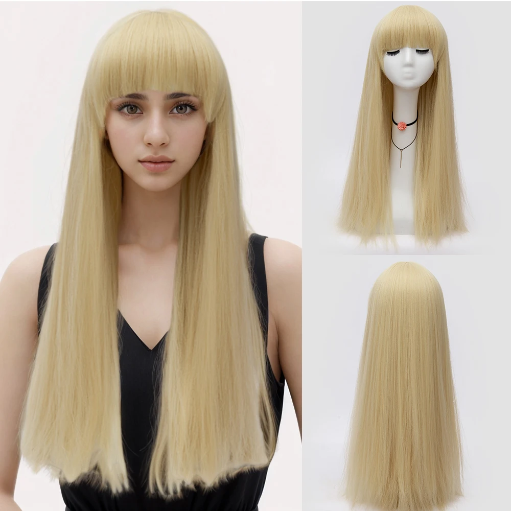 

Synthetic Long Blonde Straight Wig with Bangs for Women Daily Cosplay Lolita Party Fake Hair Heat Resistant