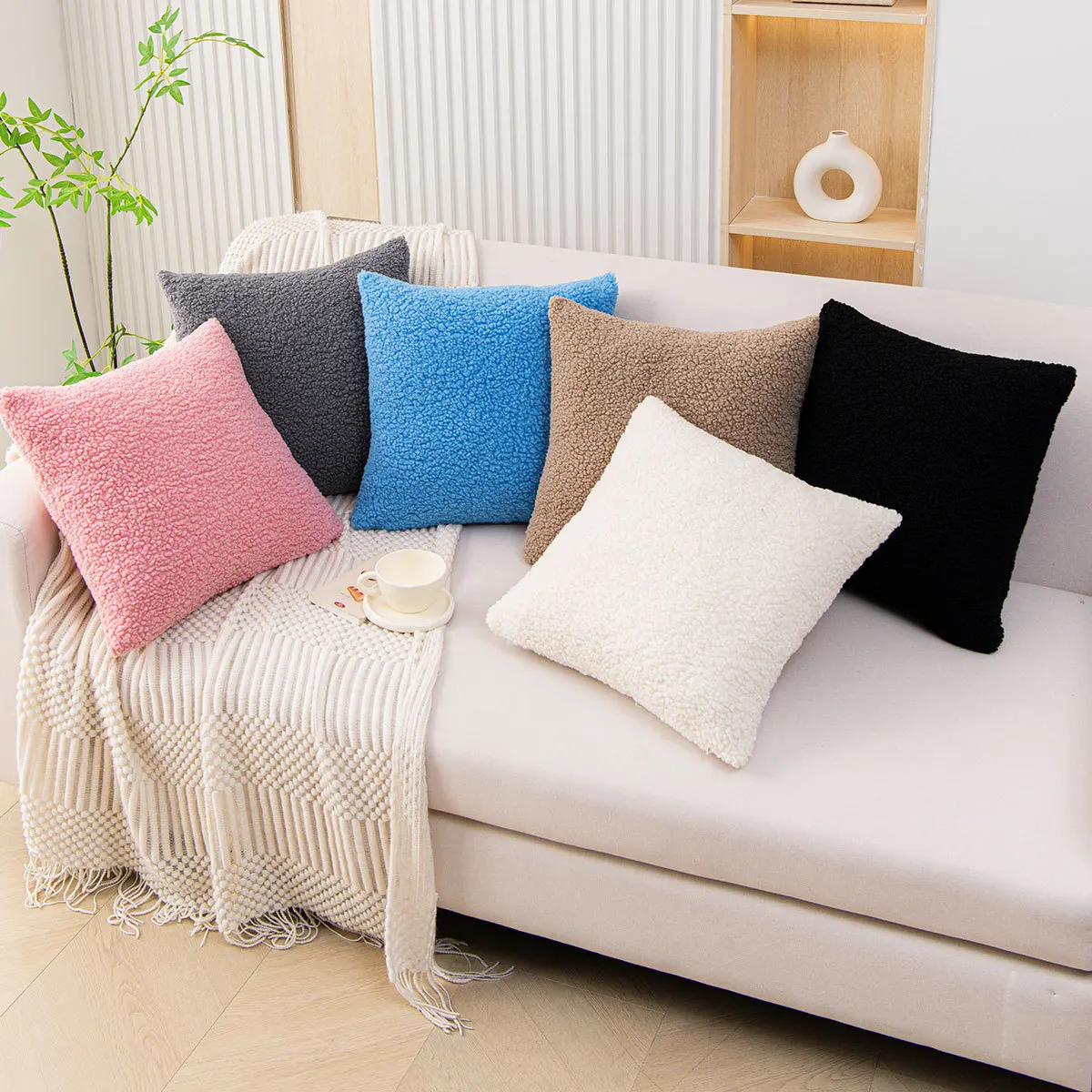 Modern Elastic Teddy Boucle Cushion Cover Solid Soft Decorative Pillowcase Washable Sofa Throw Pillow Slip Home Decor 16 Inch