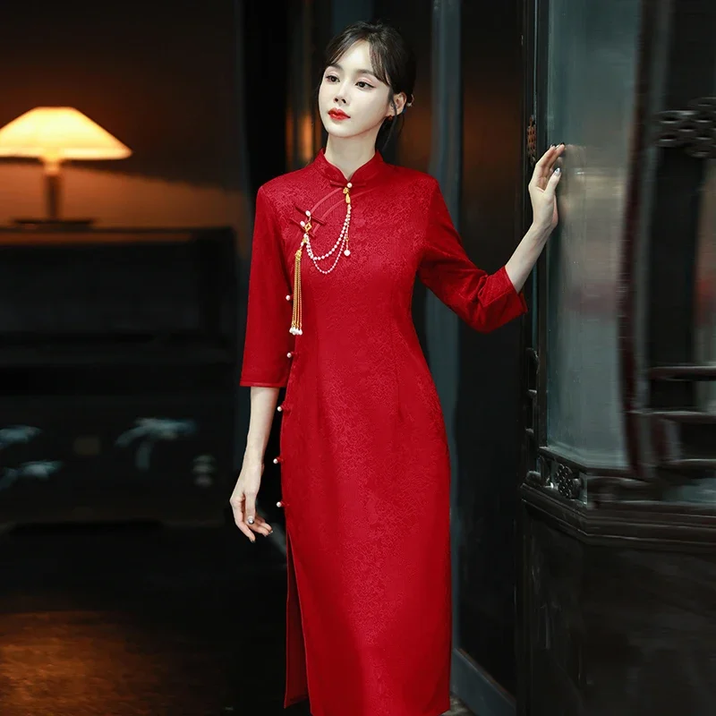 Wedding Guest Dress Elegant Banquet Evening Gown 2026 New Red Qipao Dress Long Sleeve Modified Cheongsam