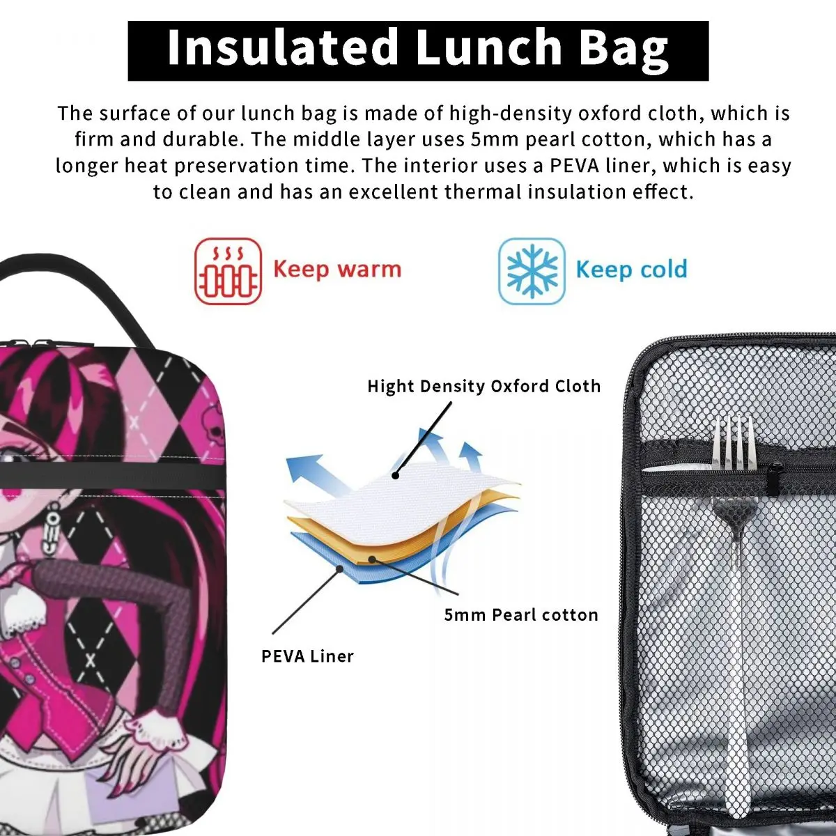 Draculaura Insulated Lunch Bag Thermal Bag  Meal Container Monster High High Capacity Tote Lunch Box Girl Boy Office Outdoor