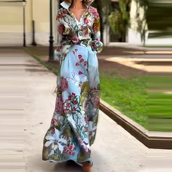 Fashion Temperament Party Outfits Retro Floral Print Two Piece Suit Women's Lapel Single Breasted Shirt Top with Long Skirt Suit
