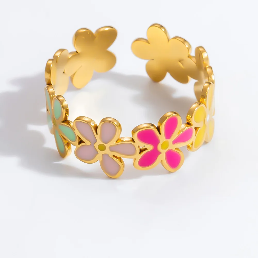 

Dainty Epoxy Filled Flower Adjustable Ring Korean Style Stackable Minimalist Gold Plated Stainless Steel Open Band Various Style