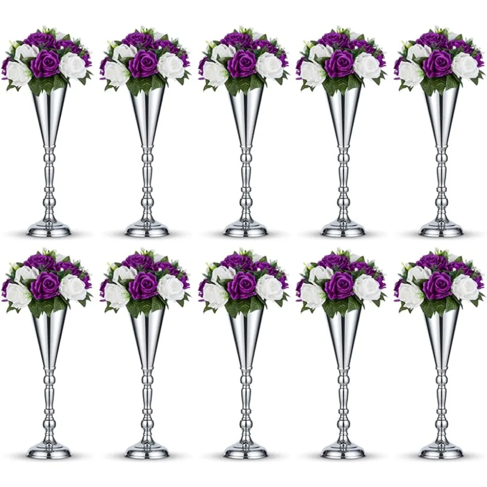 10 Pcs Tabletop Silver Metal Wedding Flower Trumpet Vase, 16.5 inch Table Decorative Home Decoration Freight Free