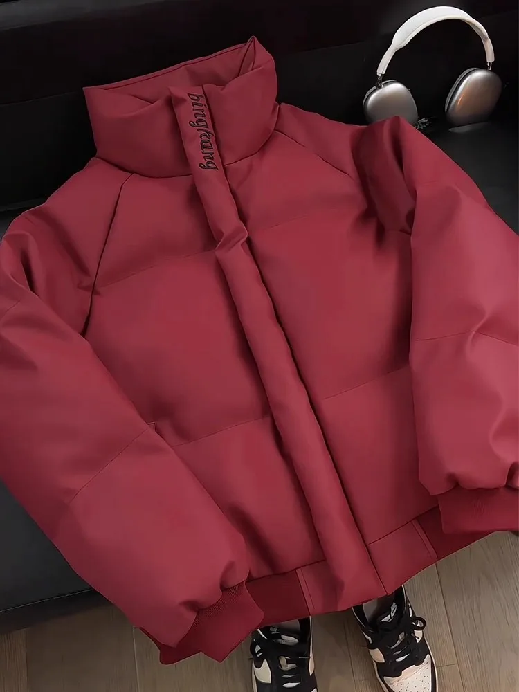 

Ankela Red Embroidery PU Leather Cotton Jaet Men Winter Thiened ort Stand Collar Bread Sle Coat Warm Casual Outerwear
