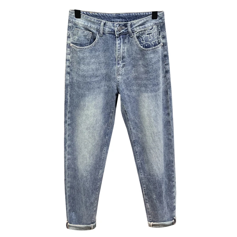 Trendy Printed Jeans Men's 2024 Spring Summer Korean Style Versatile Straight Tapered Pants Stretch Slim Fit Skinny Pants