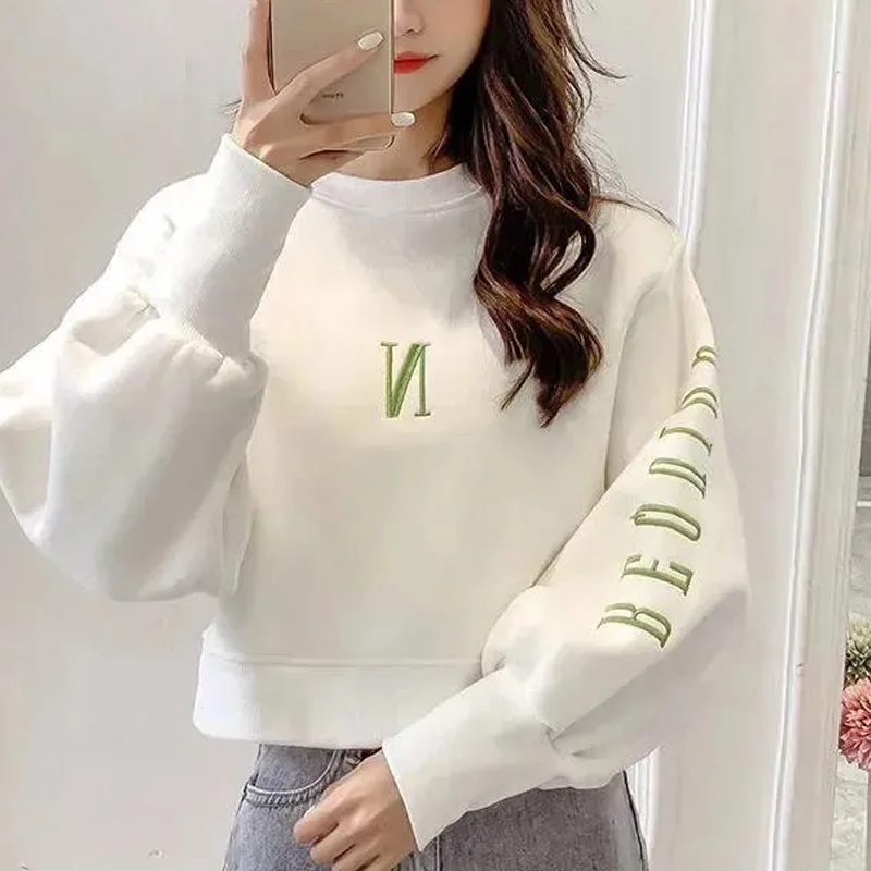 Winter Solid Color Embroidered Letter Short Pullover Sweatshirts Women New High-quality Long Sleeve O-collar All-match Top 2022