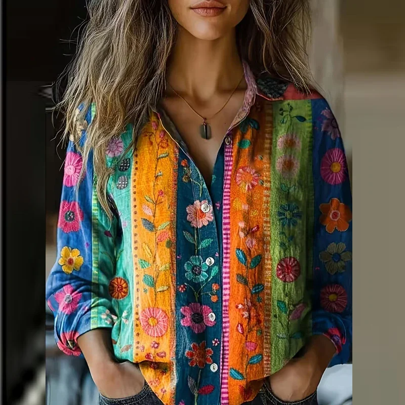 

Vintage Ladies Summer Printed Long Sleeved Casual Shirt Vestidos Commute Single Breasted Office Shirt Top 2025 New Bohemian Top