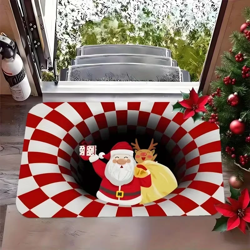 2D Vortex Optical Illusion Santa Reindeer Doormat Red White Checkered Print Soft Festive Entrance Rug Indoor Outdoor Carpet