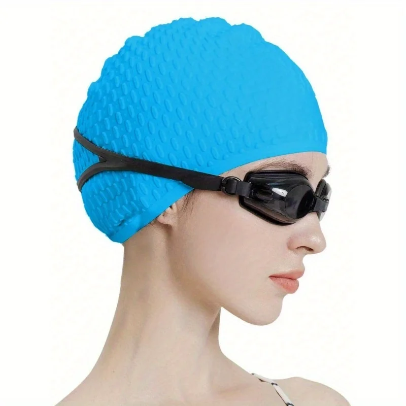 1 Stück Modische Badekappe für langes lockiges Haar, wasserdichtes Silikon mit Tropfenmuster, Unisex für Pool und Strand – Detail 7