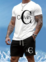 Men'S Summer T-Shirt Two-Piece Set with Calvin Print, Men'S Fashion Casual Short Sleeve Trendy Sweatshirt Versatile Outfit