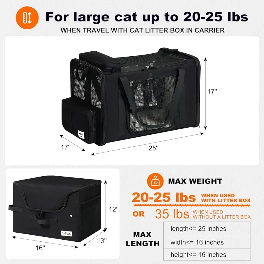 

25''(L) x 17''(W) x 17''(H) Extra-Large Expandable cat Carrier for car Tra el,with a Leakproof Portable Tall-Side Litter Box and