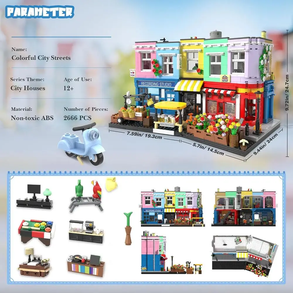 Juego de bloques de construcción London Main Street Architecture: 2666 piezas con estudio de grabación, cafetería, panadería, floristería para Adu