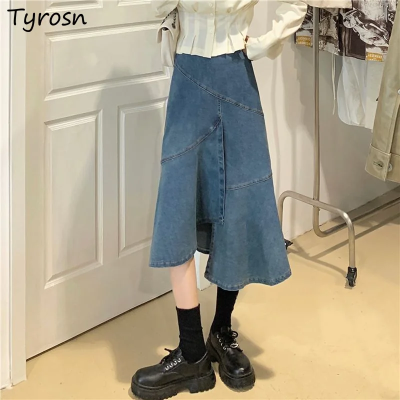 

Skirts Women Asymmetrical Daily Elegant Designer Vintage Students Slim Denim Special Fashion Midi Korean Style Simple Autumn New