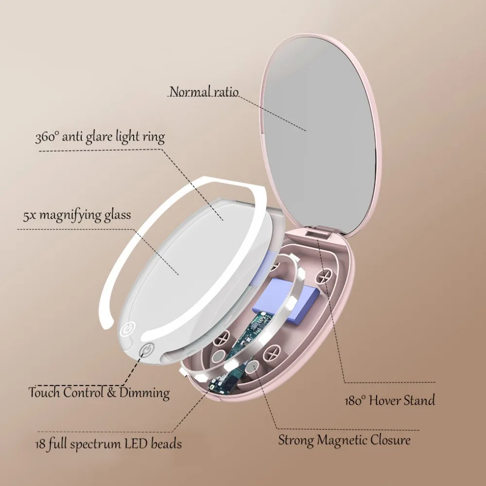 Espelho de maquiagem LED com ampliação 5x, 3 modos de cor e regulável, espelho de viagem com luzes, carregamento tipo C, liga/desliga magnético