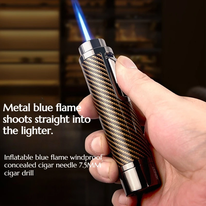 

Metal Inflatable Blue Flame Anti-wind Lighter with Hidden Cigar Holder and 7.5MM Cigar Drill Cigar Accessories