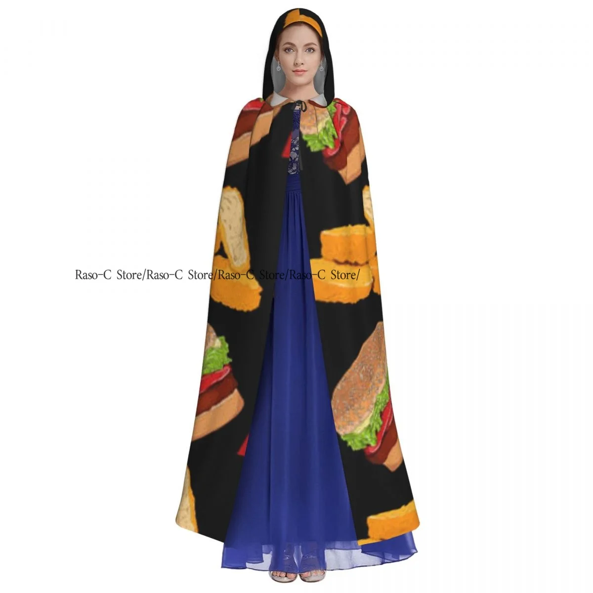 Long Cape Cloak Fast Food Burger Fries And Nuggets Pattern Hooded Cloak Coat Autumn Hoodies