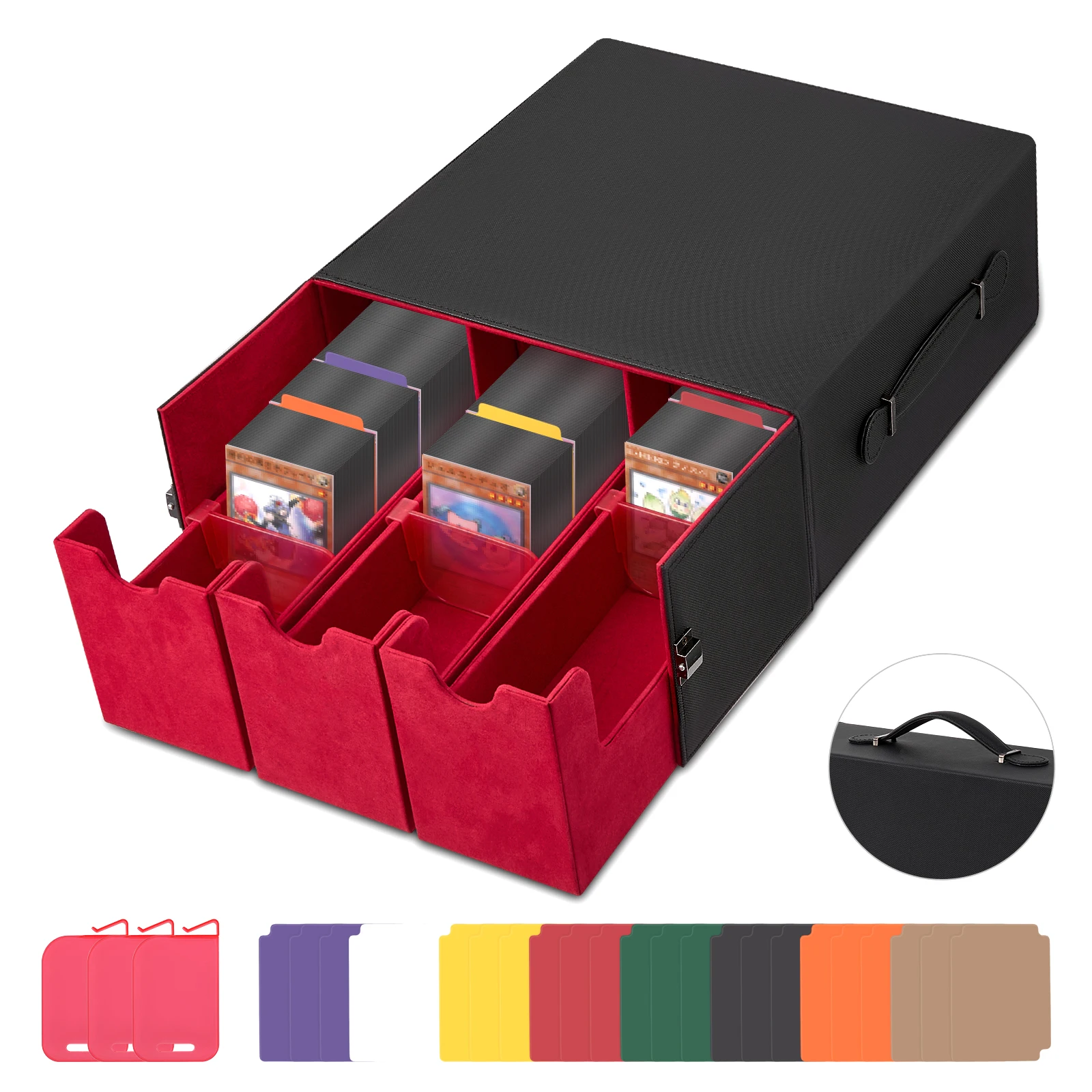 Boîte de rangement pour cartes d'une capacité de plus de 2400 cartes, comprend 3 boîtes intérieures et une poignée latérale, 24 séparateurs colorés et 3 bloqueurs de cartes, boîte à cartes mtg
