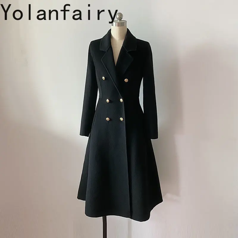 YOLANFAIRY High Quality 75% Wool Coats for Woman Autumn Winter Elegant Cashmere Coat Mid-length Waisted Black Woolen Jacket 2026